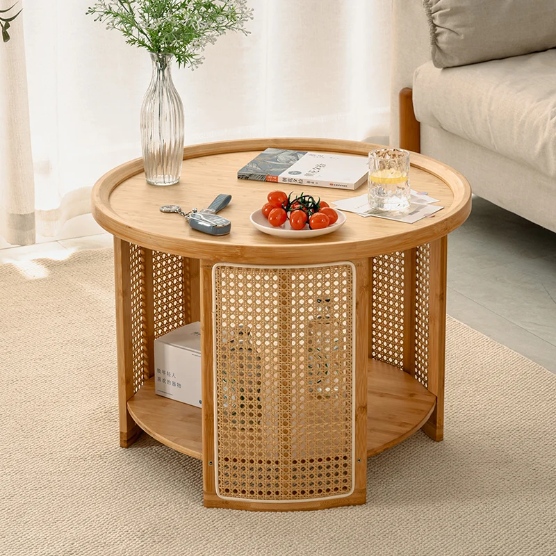 ‌Rattan Round Side Table, Double Layer Living Room Shelf, Bohemian Wabi Sabi Coffee Table,Creative Bedroom Nightstand Decor