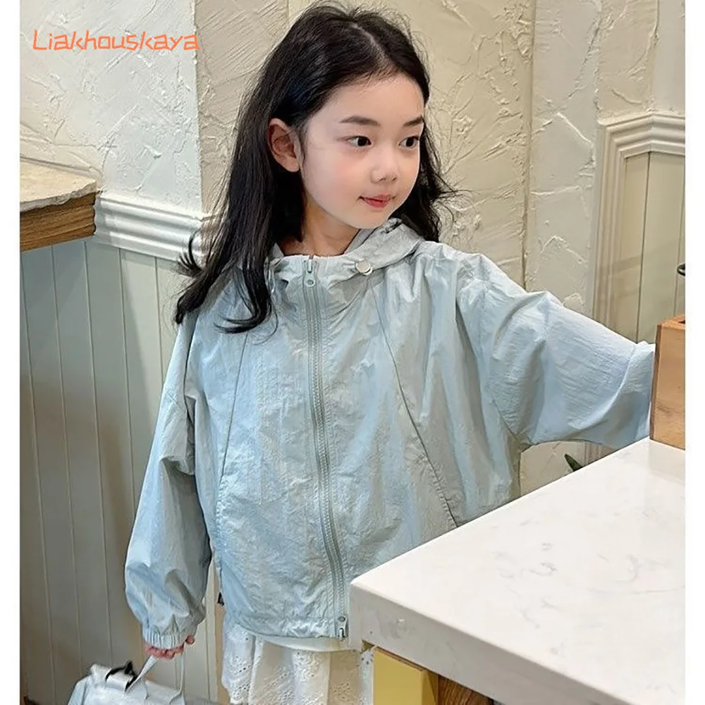 2026 Summer New Girls Trench Coat 2-7Y Hooded Sunscreen Jacket Kids Casual Windbreaker UPF50+ Outdoor Sport Thin Outerwear 4