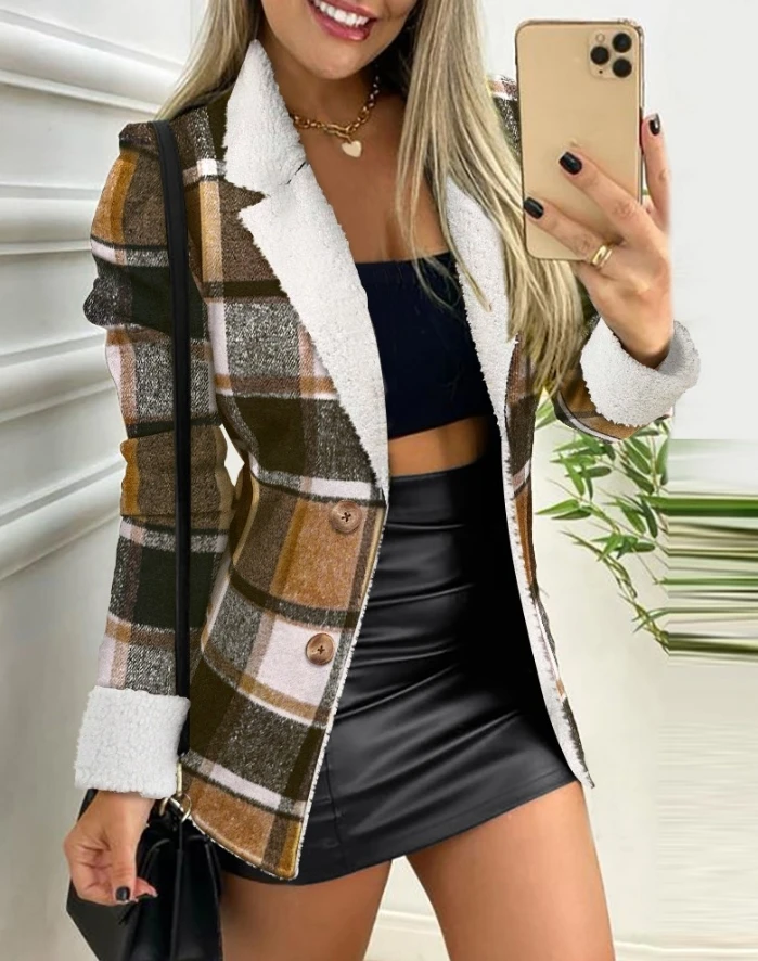 

Winter Women's Jacket 2024 Fashion Checkered Pattern Stand Up Collar Long Sleeve Cardigan Button Wool Lining Daily Casual Jacket