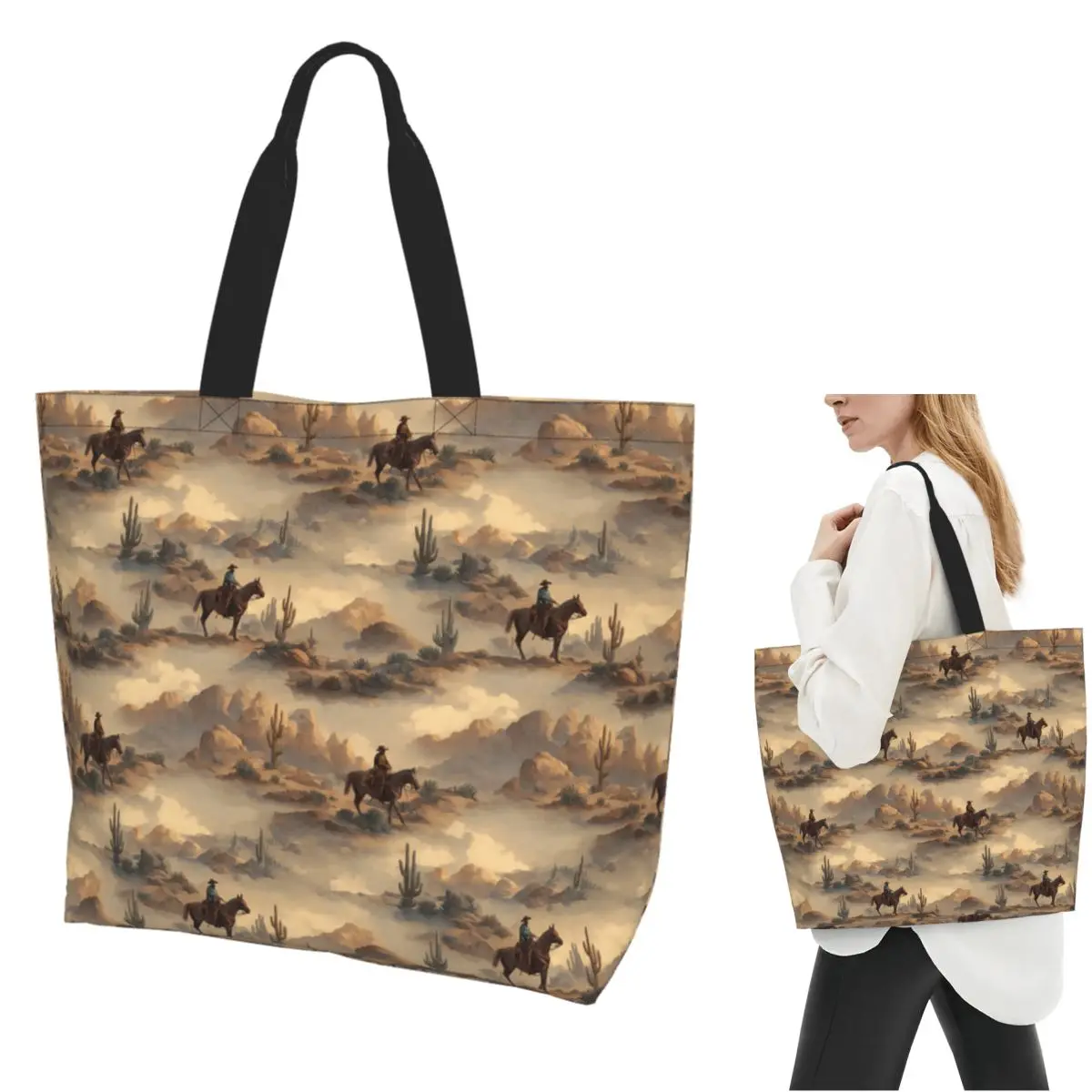 Cowboy In Desert Western Landscape Pattern Shopping Tote Bag Canvas Large Capacity Shoulder Bags Shopper Grocery Handbag