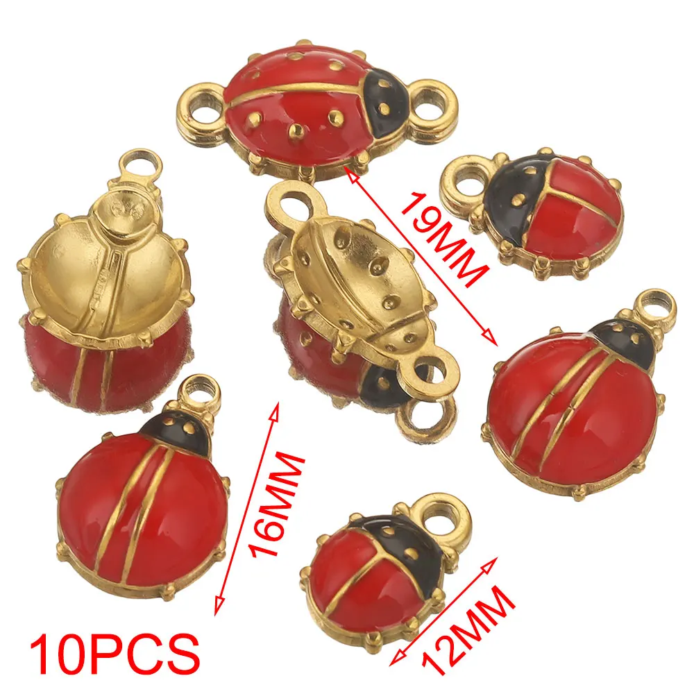 10pcs Stainless Steel Double-hole Red Enamel Ladybug Cute Charm Connectors DIY Earrings Necklace Jewelry Making Pendant Supplies