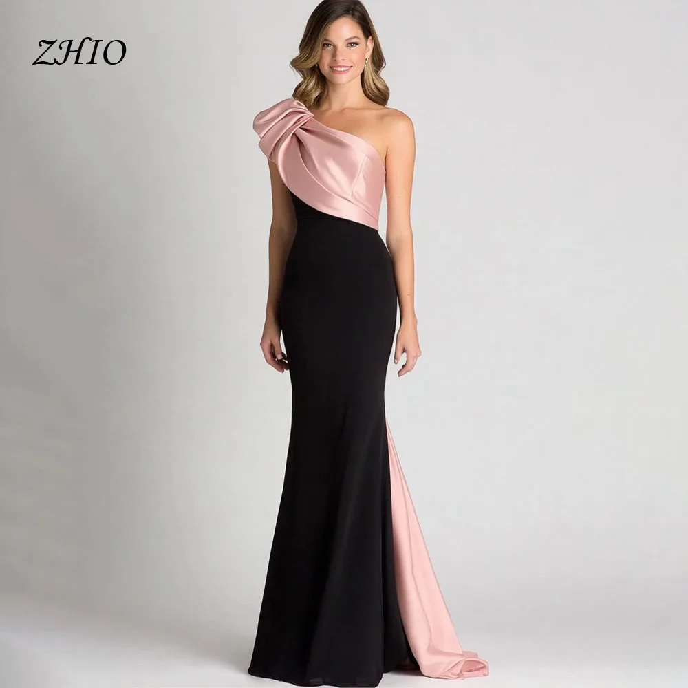 

ZHIO Classic One-Shoulder Elegant Pink And Black Evening Dresses Pleat Mermaid Party Gown Vestidos de noche Prom Dress for Women
