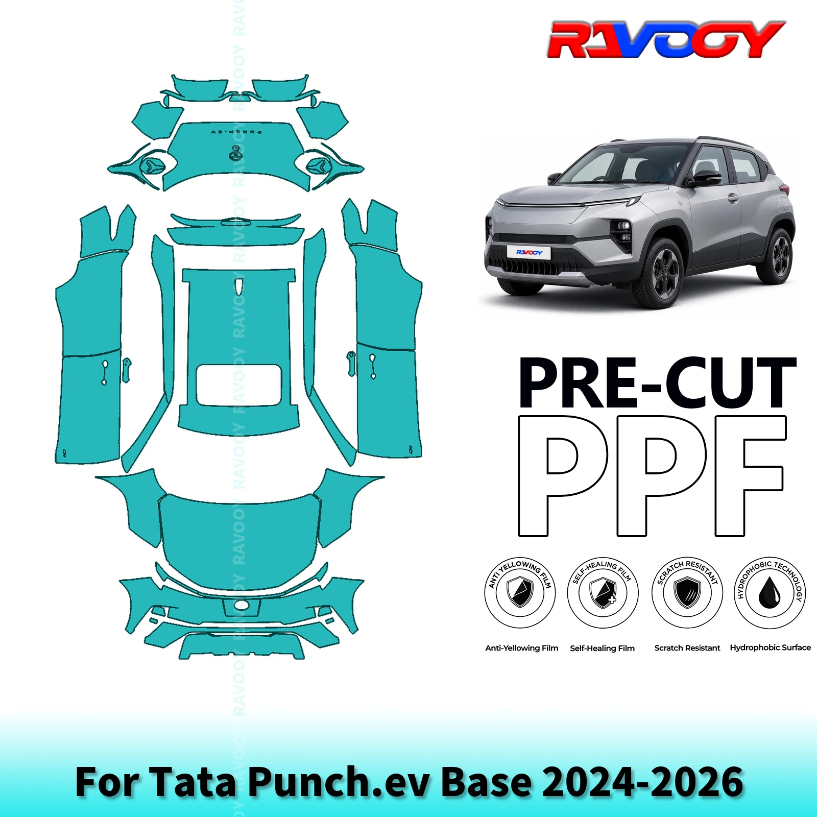 For Tata Punch.ev Base 2024-2026 Full Exterior Body 8.5Mil Pre-Cut Paint Protection Film PPF Stone Chip Kit | Clear/Matte/Black