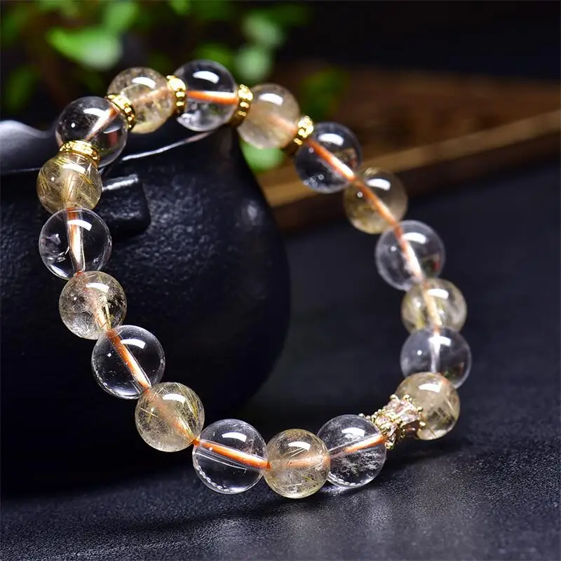 

10MM Natural Gold Rutilated Quartz Bead Bracelet Crystal Yoga Reiki Healing Stretch Bangles Female Holiday Gift 1PCS