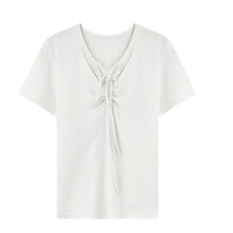 Femmes licou cou haut court v-avant cordon dame t-shirt à manches courtes élégant ajusté haut d'été décontracté solide Design vêtements de mode