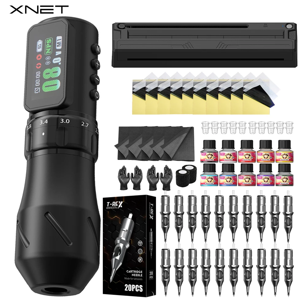 Набор для татуировки XNET X370 Rotaty с 7 регулируемыми длинами хода (2,3-4,5 мм), цветным экраном и беспроводным управлением для начинающих татуировщиков.