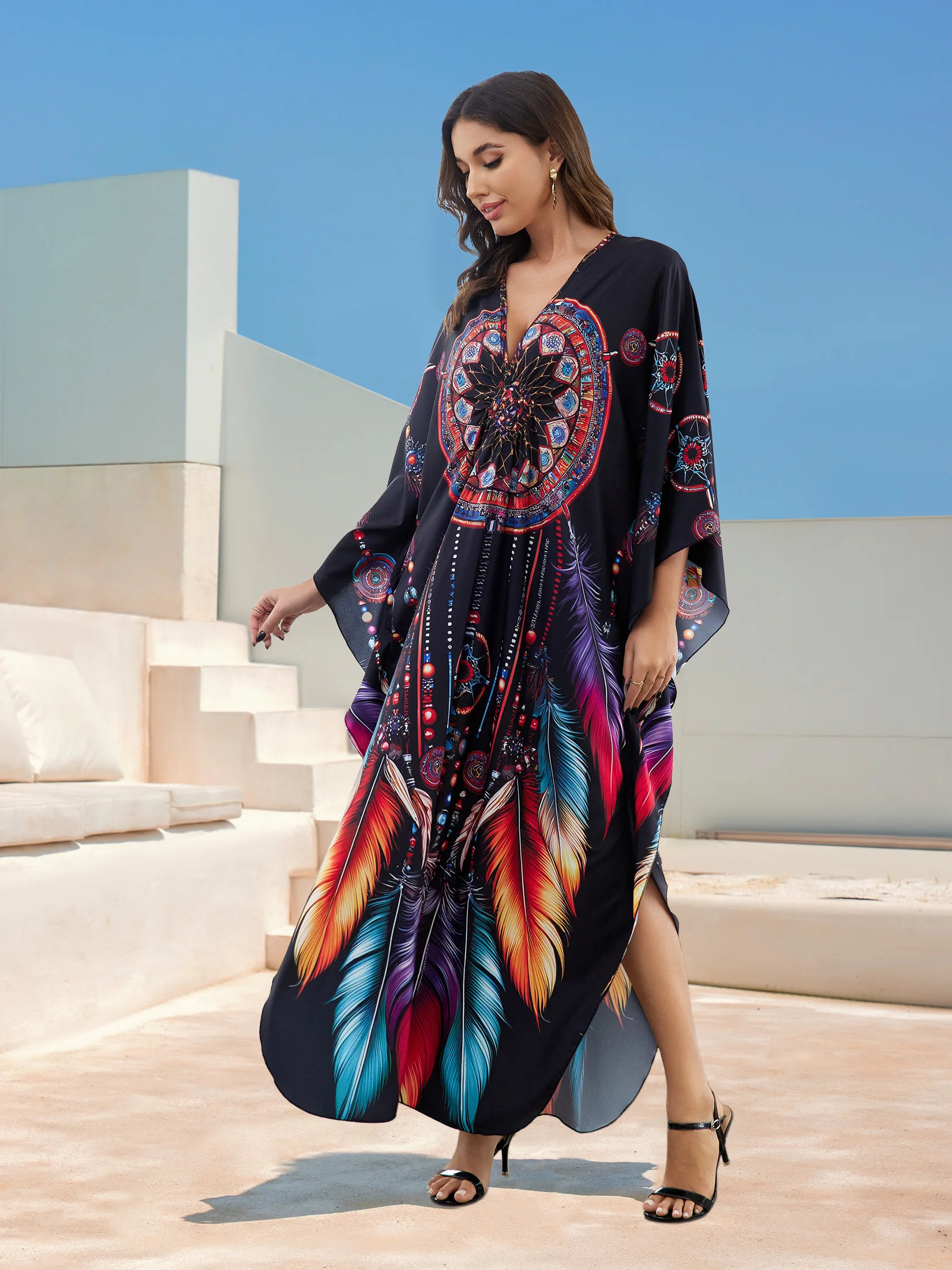 Damska Plus Size sukienka Kaftan z kwiatowym nadrukiem turecka szata narzuta na kostium kąpielowy Maxi plażowa sukienki Kaftan Q1588