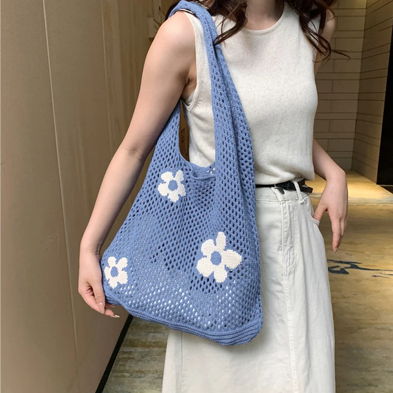 Fashion Sweet Flower Knitted Hollow Tote Bag Large Capacity Shopping Bag Ladies Simple Retro Shoulder Bag Handbag for Women