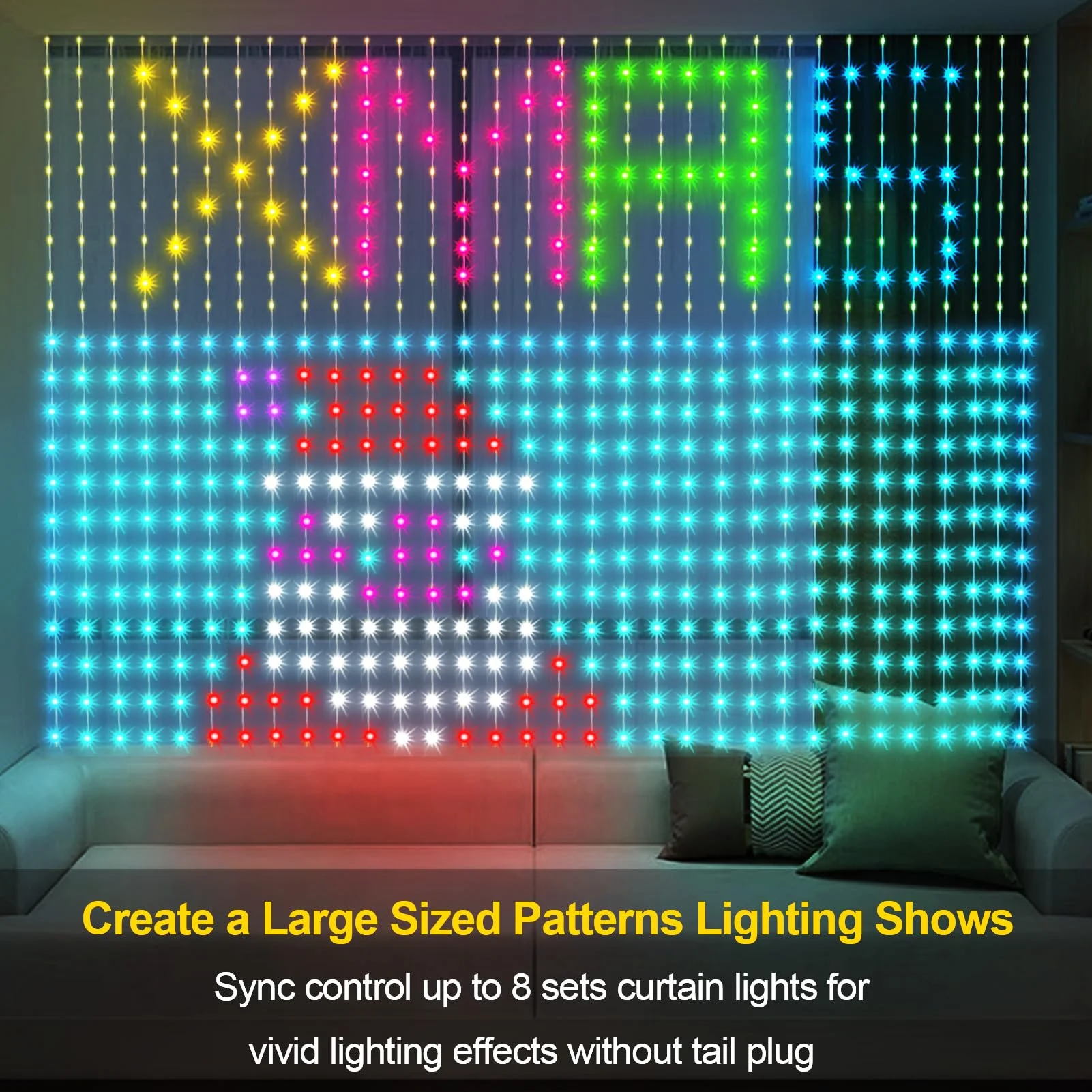 Smart Curtain Lights RGB IC Music Sync App-Controlled DIY Patterns and Music Modes IP65 Waterproof Outdoor Christmas Decorations