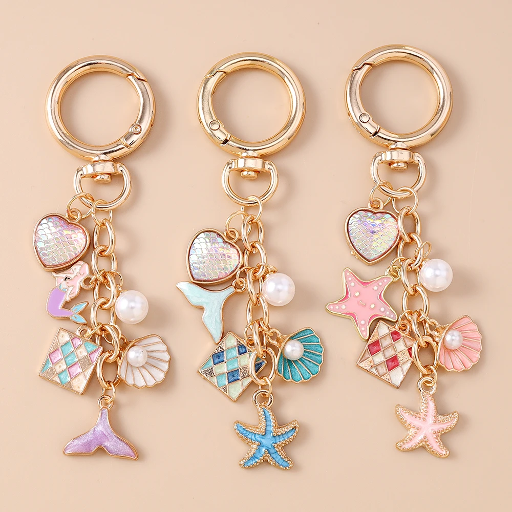 

Summer Beach Mermaid Shell Starfish Keychain Women Girls Pearl Love Heart Key Ring Pendants for Handbag Decor DIY Jewelry Gifts