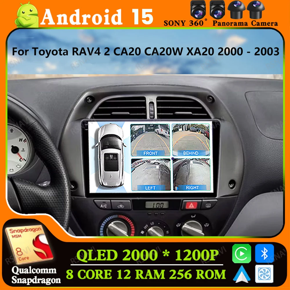 راديو سيارة أندرويد 15 لسيارة تويوتا RAV4 2 CA20 CA20W XA20 2000 - 2003 مشغل فيدو BT QLED Autoradio 2DIN وحدة رأس ستيريو DVD DSP