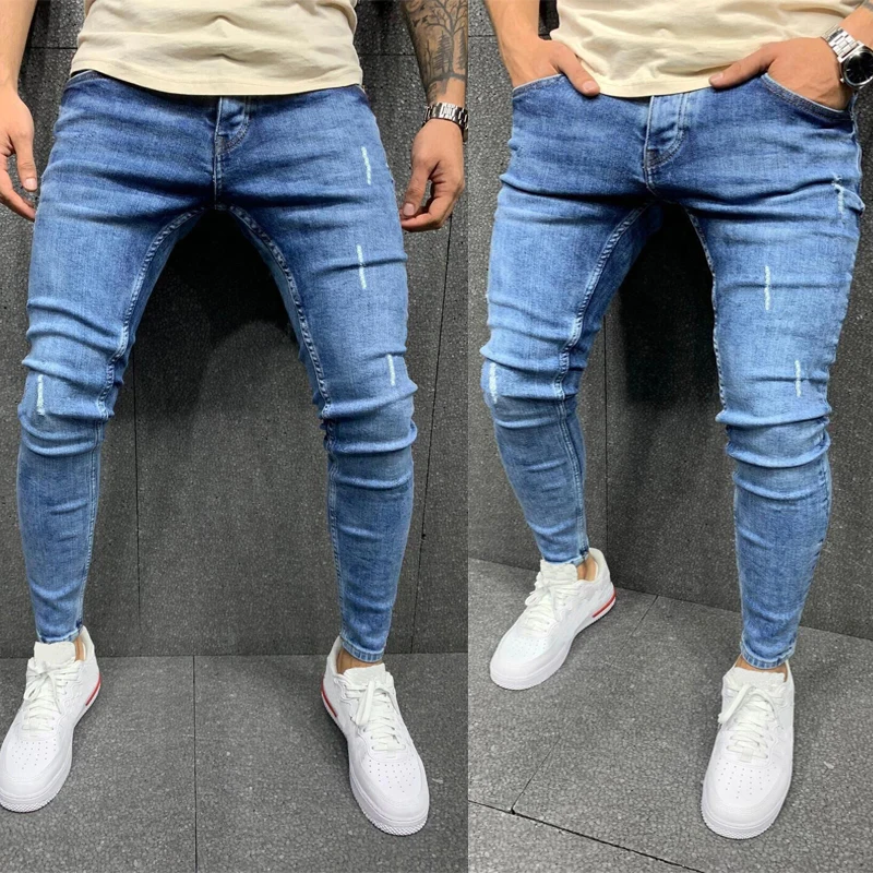 Jeans azul magro, calça jeans justa, calça hip-hop, roupa raspa, calça lápis, moda de rua, popular, outono