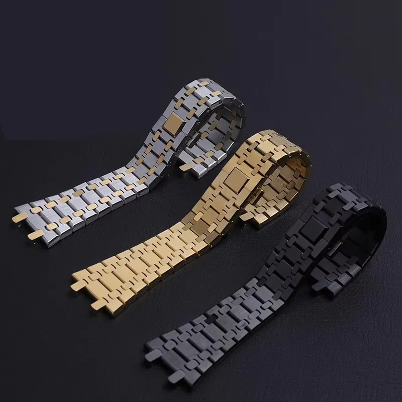 

Black gold silver watchband 21mm 26mm Men women Full Stainless Steel Watch Band Bracelet For AP ROYAL OAK strap folding buckle