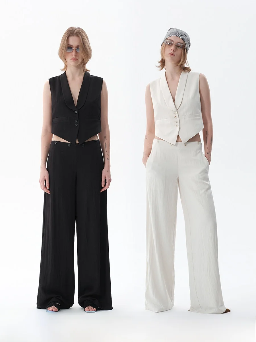 

Randpiee Retro Sle Suit Two-Piece Set Low Waist Wide Leg Pants Cotton Blend Casual Trousers for Women Commute Sle