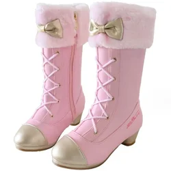 Christmas Girls' Leather Boots Winter New Lolita Long Boots Little Girls' High-heeled Bow Princess Boots Children's High Heels