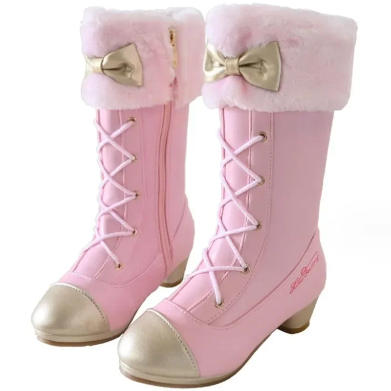 Christmas Girls' Leather Boots Winter New Lolita Long Boots Little Girls' High-heeled Bow Princess Boots Children's High Heels