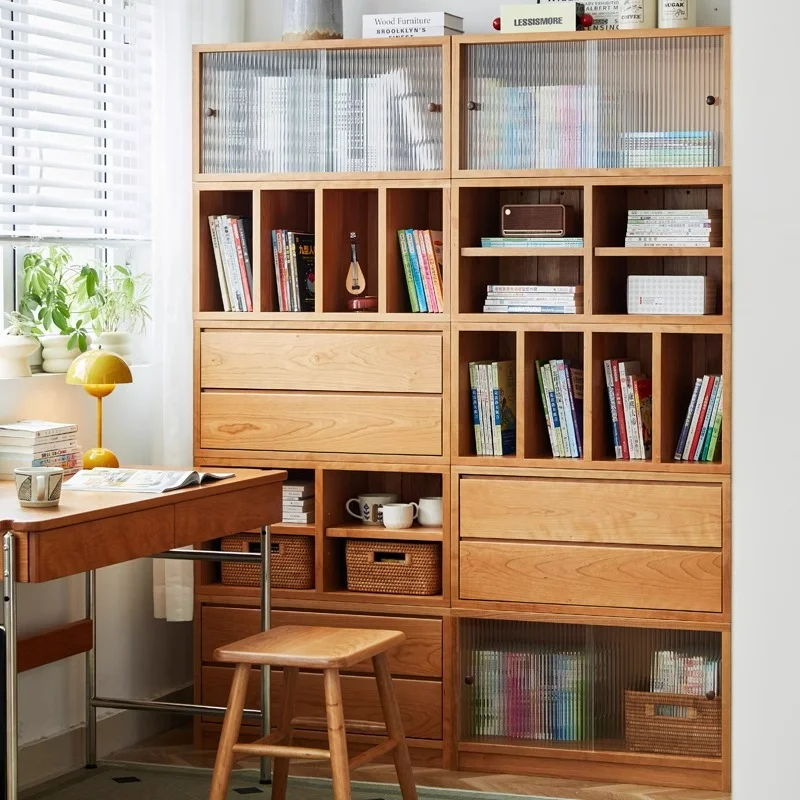 

All solid wood bookcase free combination module floor-to-ceiling living room cherry wood bay window lattice display storage low