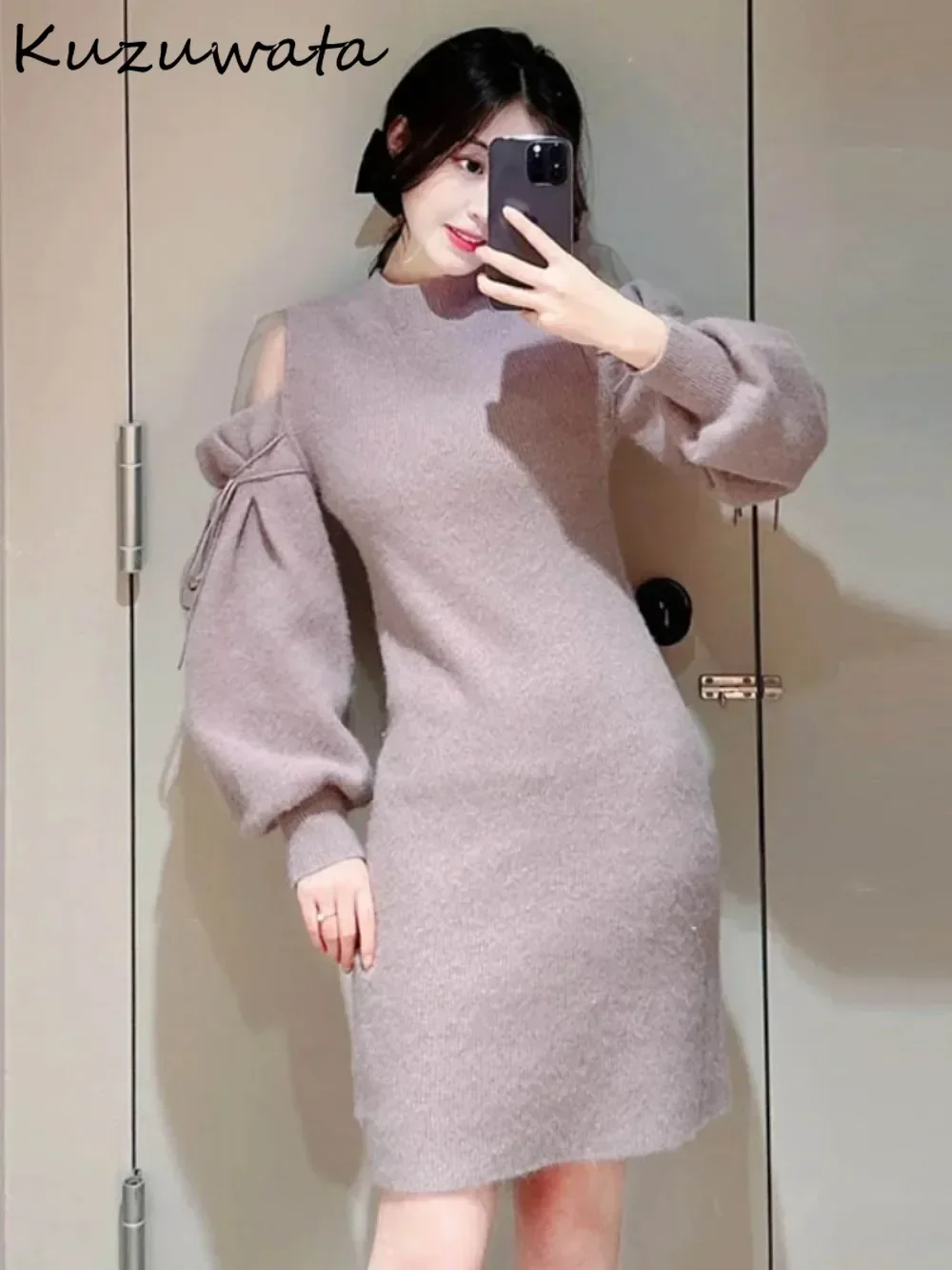 Kuzuwata New Winter Lantern Sleeve Off Shoulder Dress Voile Patchwork Lace Up Ropa Mujer Japan Knit Slim Literary Bohemian Mujer