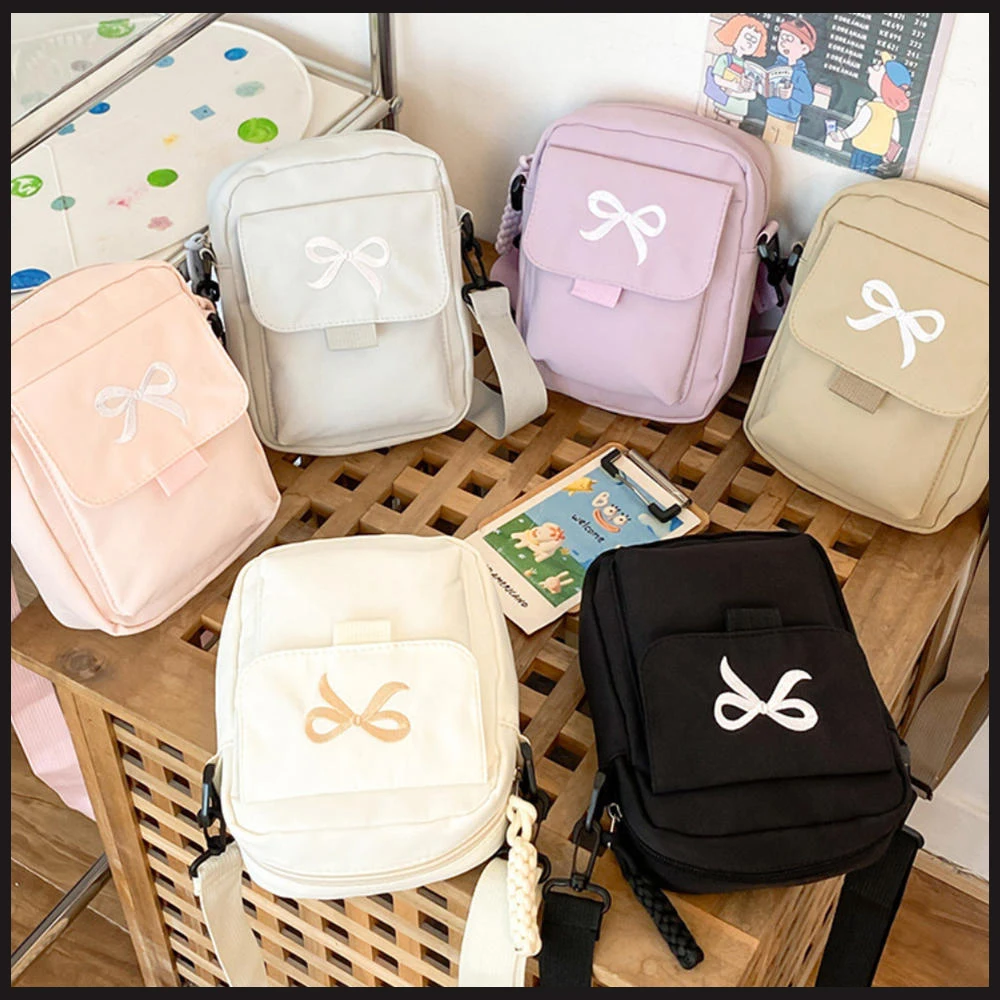 Fashion Mobile Phone Bag Women Bow Nylon Messenger Bag All-match Small Crossbody Bag Adjustable Strap Purse Vertical Handbag