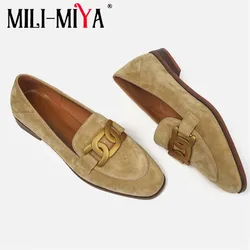 MILI-MIYA Concise Solid Color Style Women Full Genuine Leather Pumps Round Toe Thick Heels Slip On Big Size 34-40 Handmade