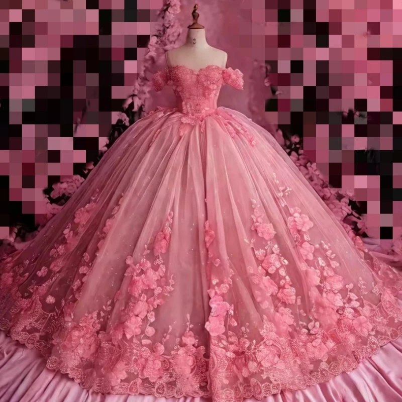 

Luxury Mexican Women Wedding Party Dress Floral Lace Up Ball Gown Prom Birthday Party Sweet 15 16 Quinceanera 2025 Customized