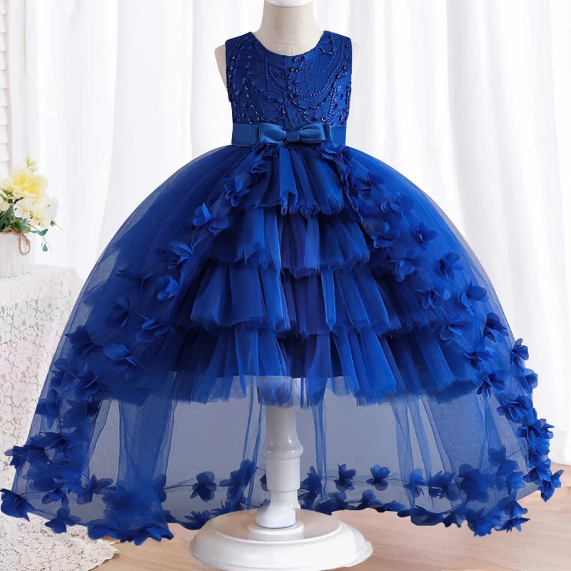 Girls' new 3-12 year old princess wedding banquet segment tail dress girls' campus graduation party prom lace poncho dress