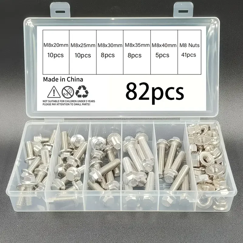 

82-piece set, 304 stainless steel, flanged wire clamps and nuts, with specifications of M8×20/25/30/35/40 millimeters