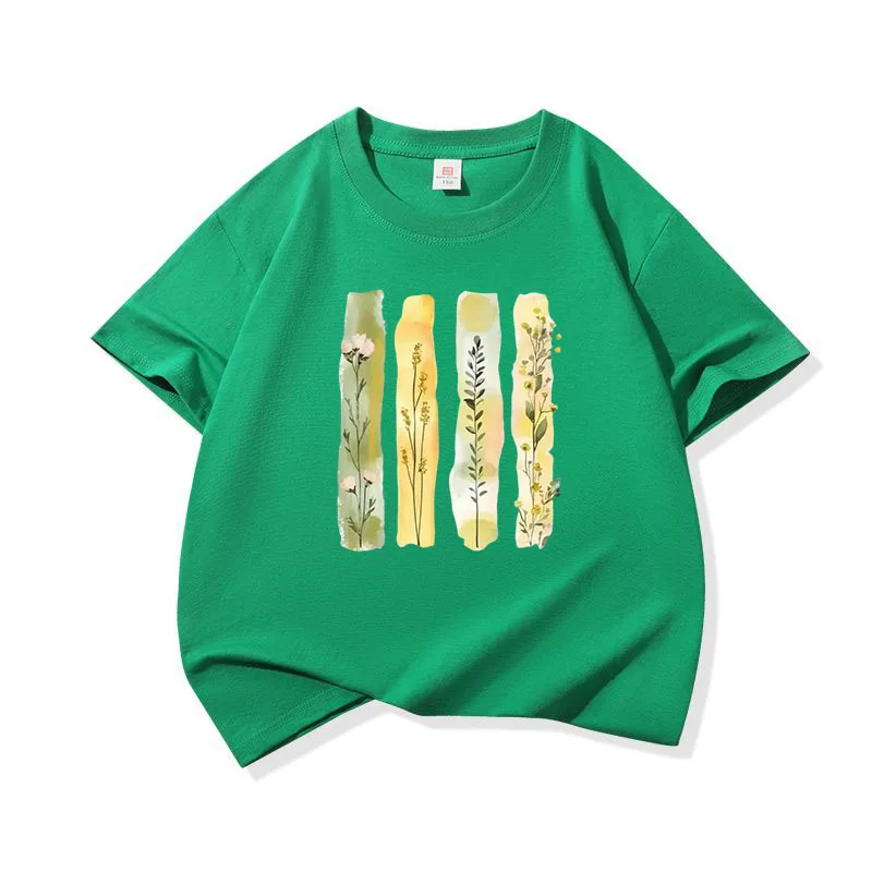 

Kids Cotton T Shirt Floral Watercolor Print Crew Neck Short Sleeve Tee Casual Boys Girls Summer Green Tops