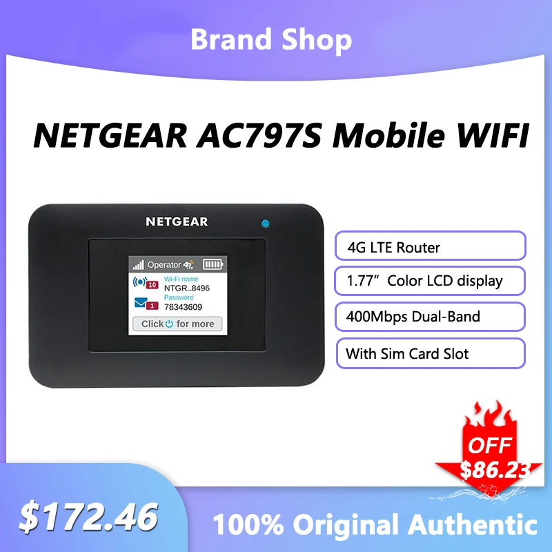 

Unlocked NETGEAR AC797S 4G LTE Router 400Mbps Dual-Band Pocket Hotspot 1.77" Color LCD Display Mobile MiFi With Sim Card Slot