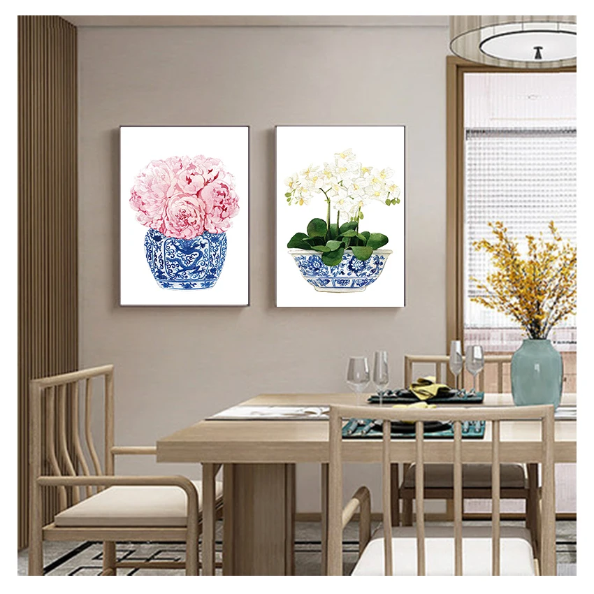 Flower Art Prints Willow Style Chinese Porcelain Canvas Poster Painting Home Wall Decor Blue and White Chinese Vase Watercolor