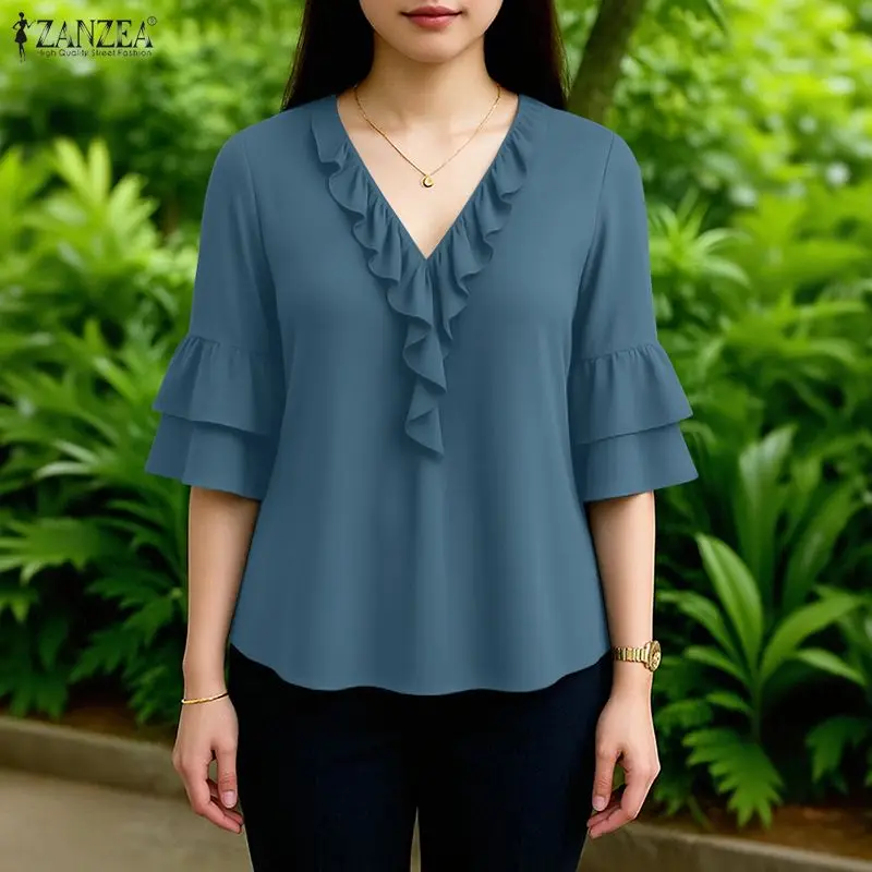 

Стильная блузка с рюшами ZANZEA 2026: летний женский топ с элегантным V-образным вырезом, рукавами 3/4 и расклешенными рукавами, офисная рубашка, повседневная однотонная блузка для женщин