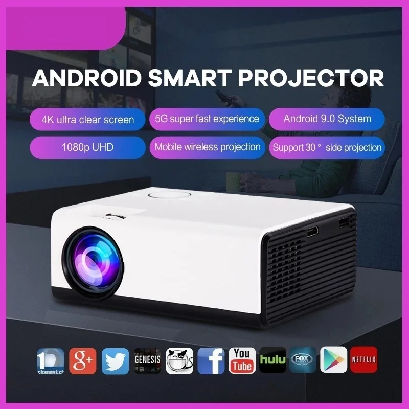 

New T01A HD Projector Android 9.0 5G WiFi Portable Mini Proyector Native 1280x720P Smartphone LED Video Home Cinema Beamer