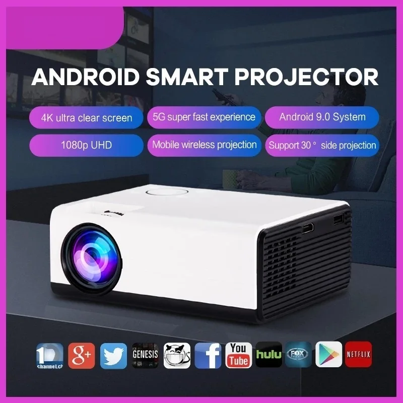 Top! T01A proyektor Mini, proyektor HD Android 9.0 5G WiFi asli 1280x720P, Beamer bioskop rumah LED Video