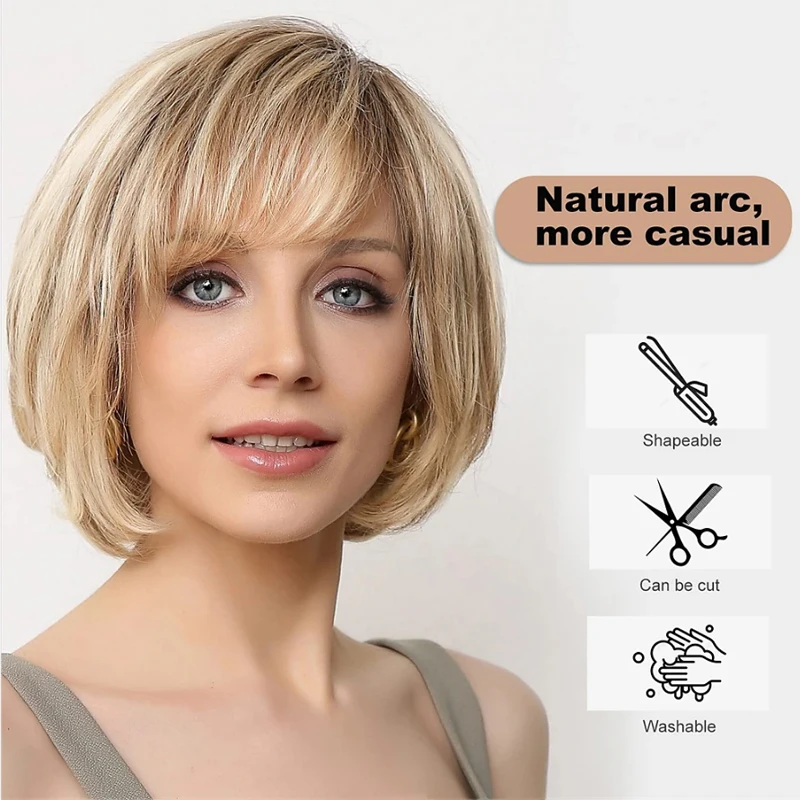 HAIRJOY Synthetic Hair Short  Layered Straight Blonde Mixed Color Wig  for White Women