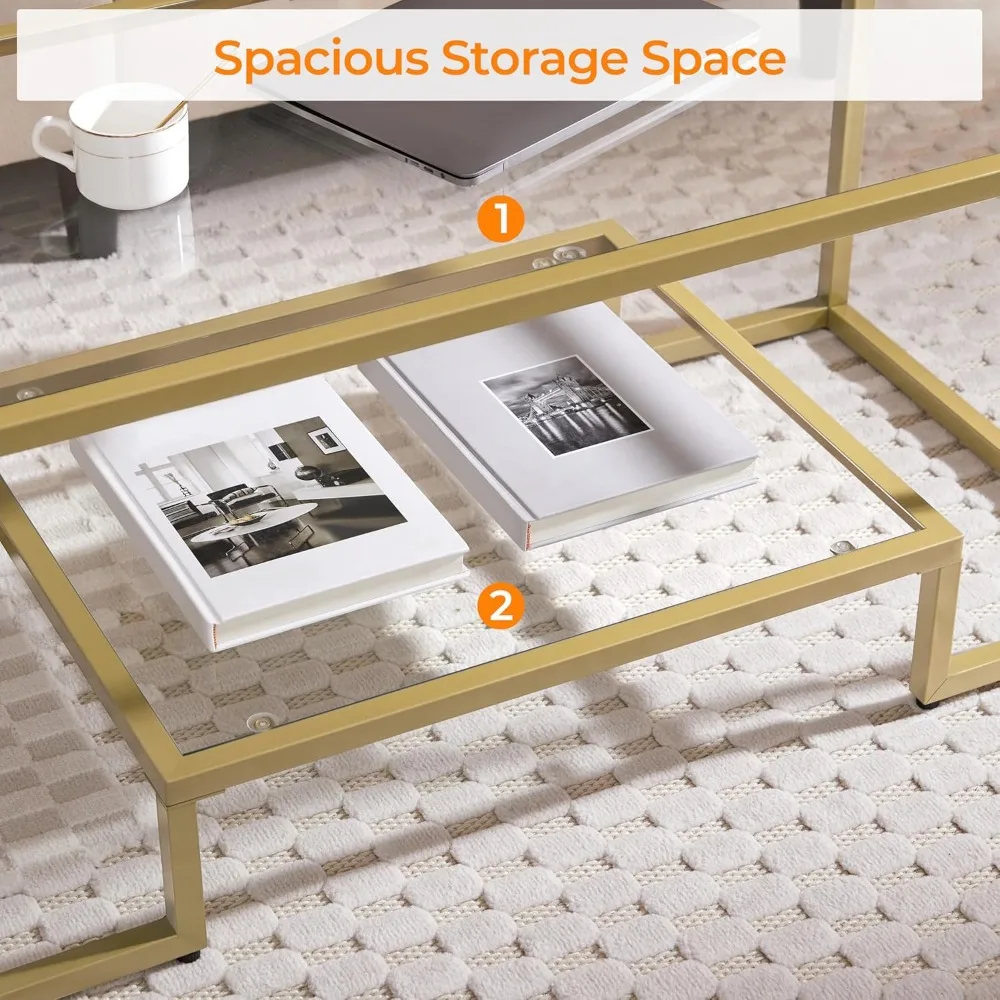 Gold Coffee Table, 42" Rectangular Glass Coffee Table for Living Room, 2-Tier Center Tea Tables with Metal Frame for Small Spac