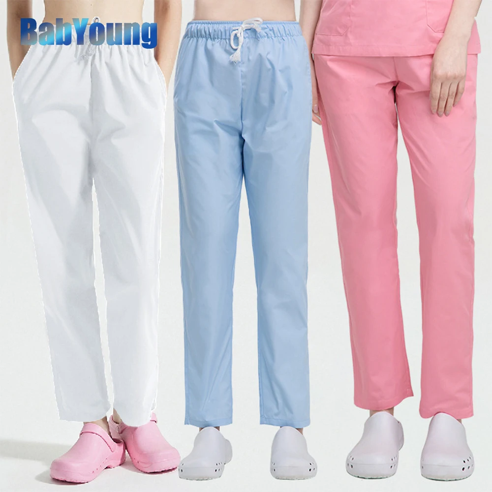 Pantalones cepillados con seis bolsillos para mujer, uniforme médico, ropa de trabajo para médico y enfermera, cintura elástica, parte inferior mate