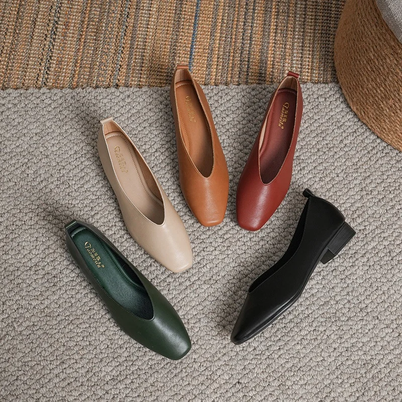 New French Low Heel Square Head Shallow Mouth Single Women's Soft Sole Flatsole Shoes Design Feeling Small Popular Spring