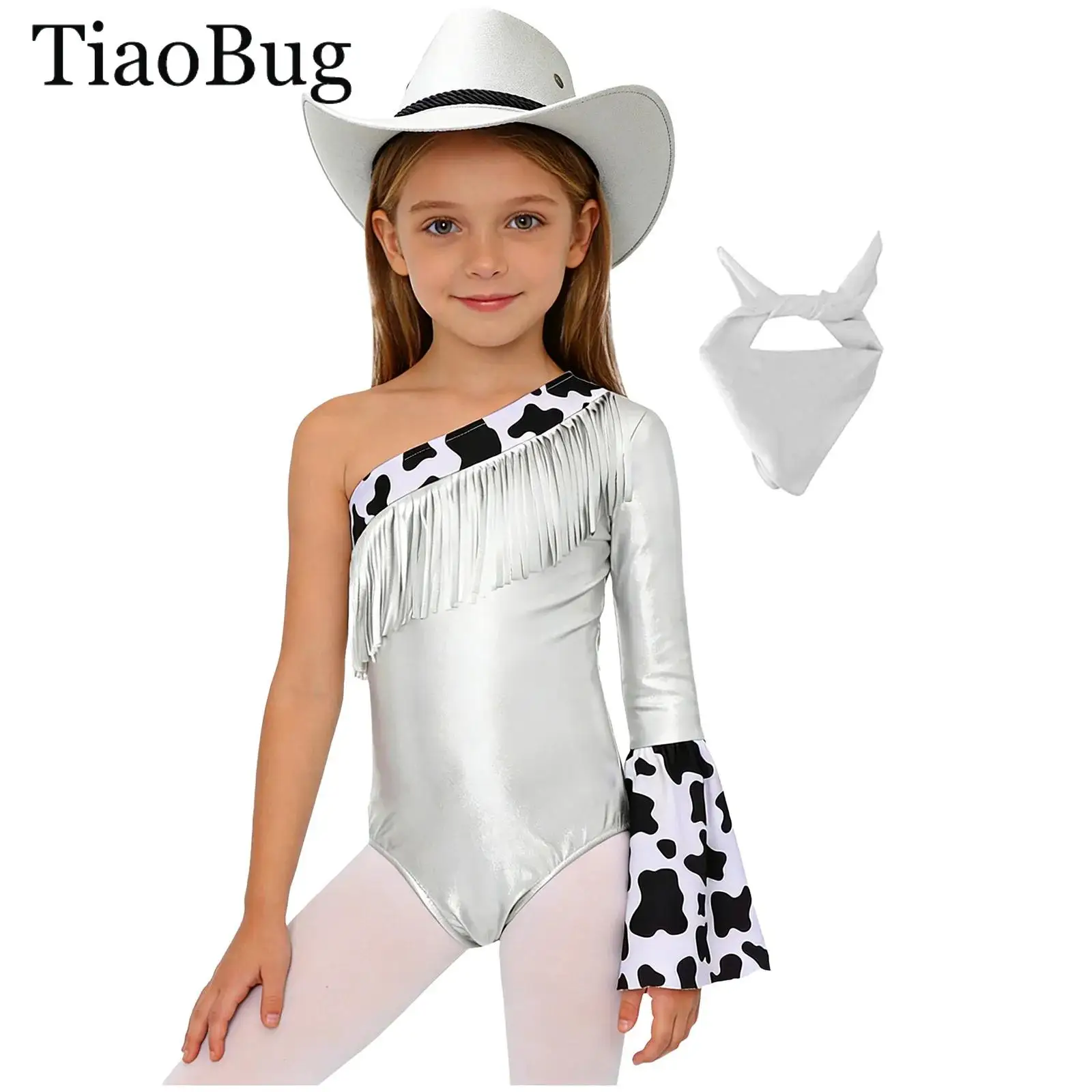 

Halloween Western Cowboy Cowgirl Costume One Flare Sleeve Fringed Metallic Leotard Bodysuit with Hat Bandanna Set Fancy Dress Up