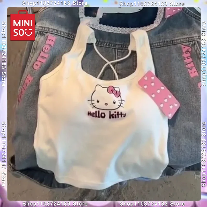 

MINISO Sanrio Fashion Clothing Hello Kitty 2000 Breast Pad Cute Top Girl Summer Cool Cropped Top White Sexy Suspender Girl Gift