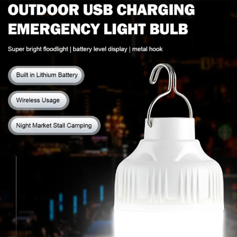 Bombillas LED recargables por USB para exteriores, luz de emergencia de 40W, gancho para acampar, pescar, linterna portátil, luces nocturnas, LT086, 1 unidad