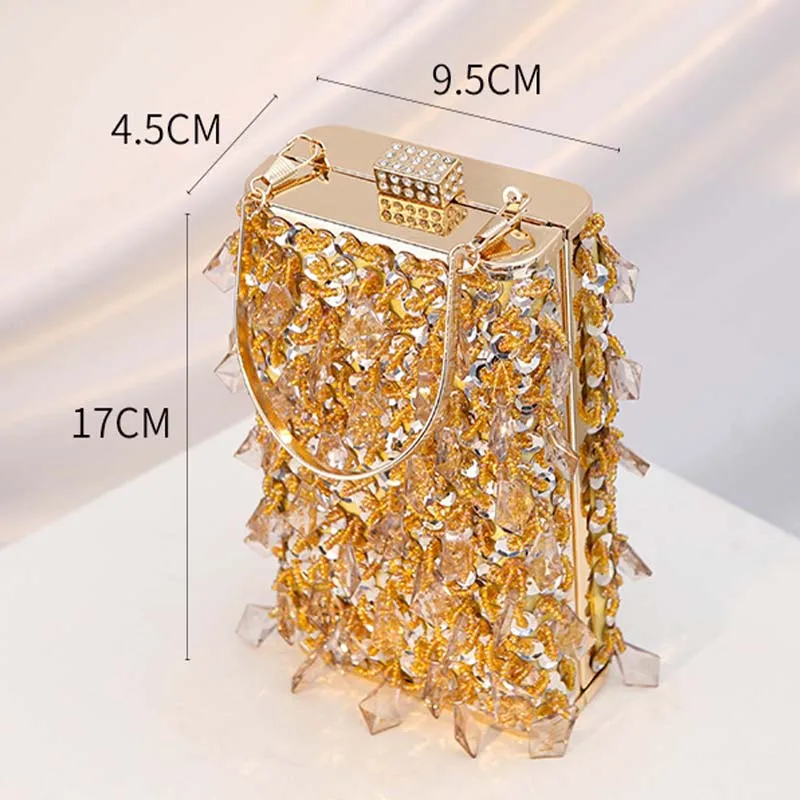 Crystal Diamond Square Clutch Handbag for Women 2024 Glass Rhinestones Party Gold Purse Designer Tassels Bags Top Handle Bags