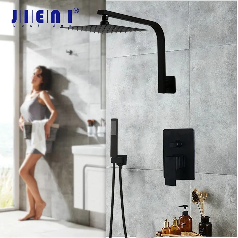 JIENI 8 ~16 Inch Bathroom Rainfall Shower Set Wall Mounted Matte Black Ultra-thin LED Shower Faucet Sets W/ Shower Head & Hand