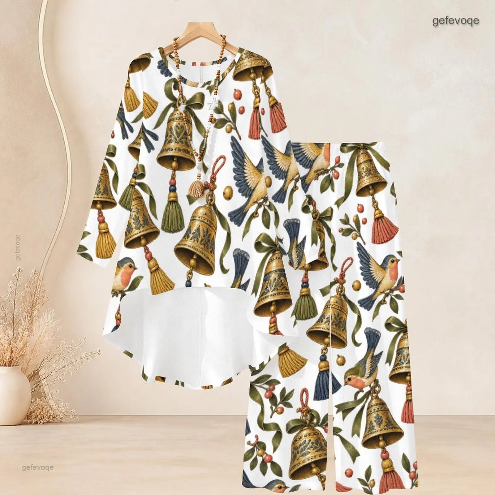 Women Printed Bell Bird Tassel Berry Pattern Round Neck Long Sleeve High Low Top Wide Leg Pants Two Piece Set