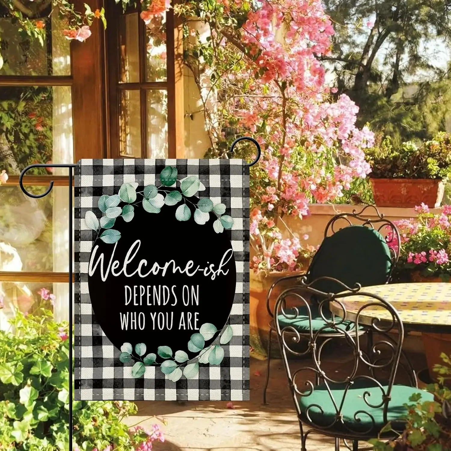 Dyrenson Welcome-ish Depends on Who You Are Decorative Garden Flag, Funny Family Buffalo Plaid Yard Outside Home Decoration, EEZ