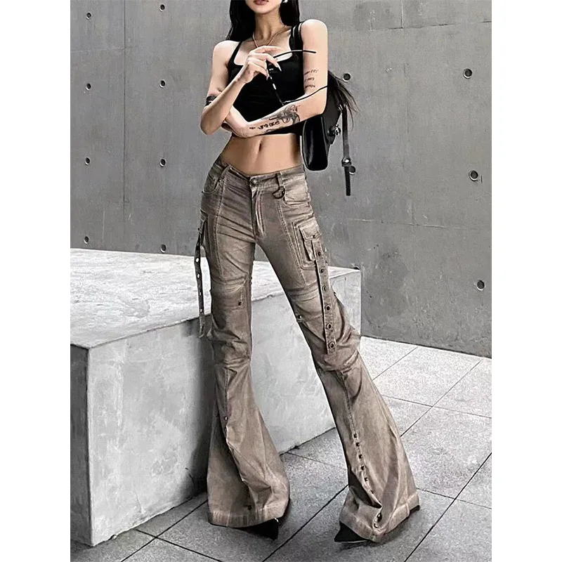 2024 Autumn Women's Casual Khaki Harajuku Jeans Vintage Korean Emo Loose Washed Pants Y2K Wide Leg Punk Sexy Denim Trouser