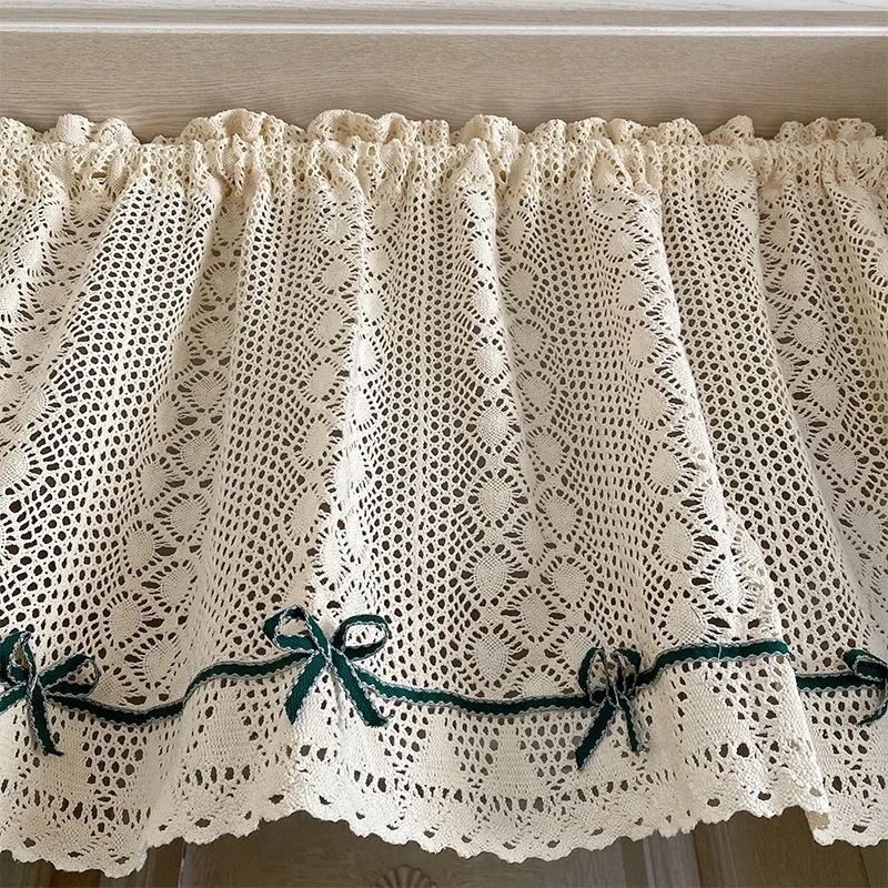 American Country Crochet Hollow Short Curtains for Roman Window Kitchen Manual Rhombus Lace Bowknot Half Curtains Valance #A476