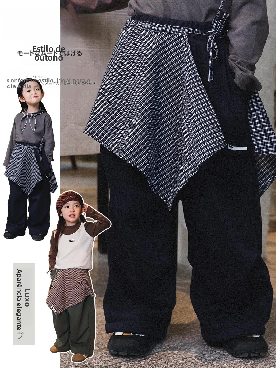 children's-pure-cotton-plaid-pants-two-piece-set-fashionable-straight-leg-sweatpants-autumn-new-style-girls-casual-trousers