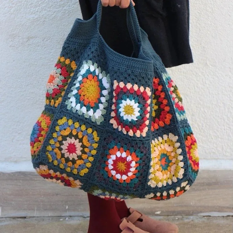 Navy Blue Grandma Square Patchwork Crochet bag Colorful Checkered Bag Large Capacity Tote Bag Bohemian Style Beach Bag