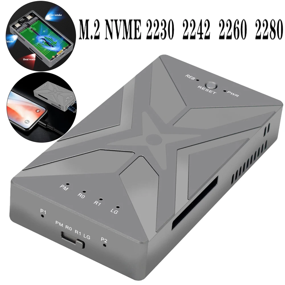 M.2 NVME M2 SSD Case Dual Bay RAID Mobile Hard Drive Case Support M.2 Nvme Enclosure Gen 2 20Gbps Hard Disk Box for Desktop PC