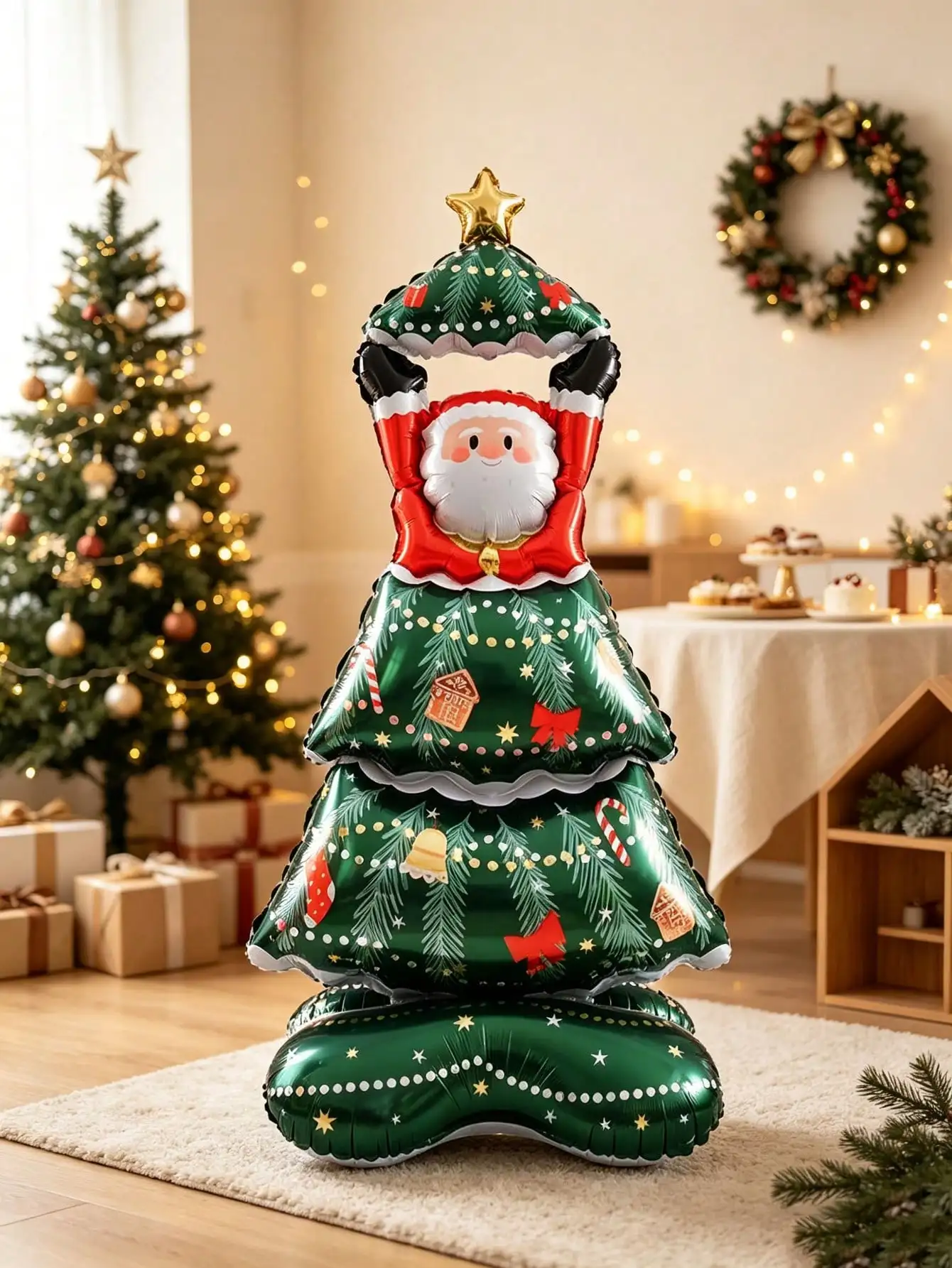 1pc 150cm Extra Large Standing Santa Claus Tree Shaped Cartoon Foil Balloon, Suitable For Christmas Party Decoration